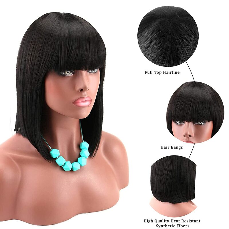 TTHAIR Short Human Hair Bob Wigs With Fringe Bangs Brown Elastic Cap Remy 150% Full Machine Wig Glueless Human Hair Wig