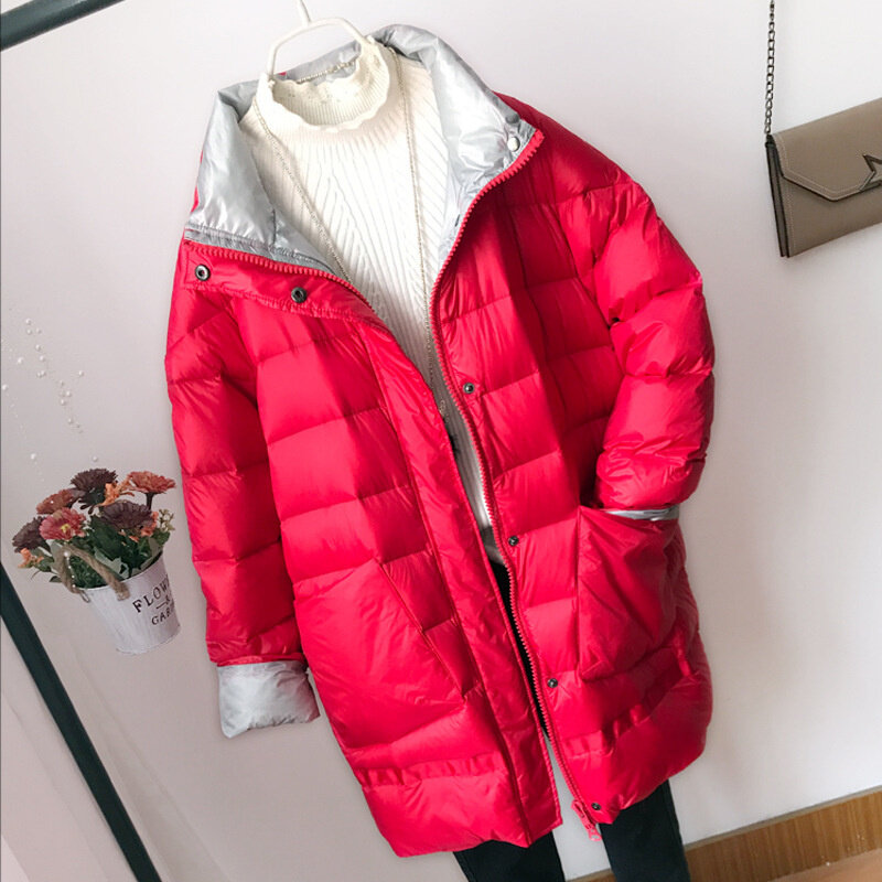 2022 inverno feminino pato branco para baixo jaqueta gola de bolso retalhos solto outono outwear moda quente casaco novo coreano a