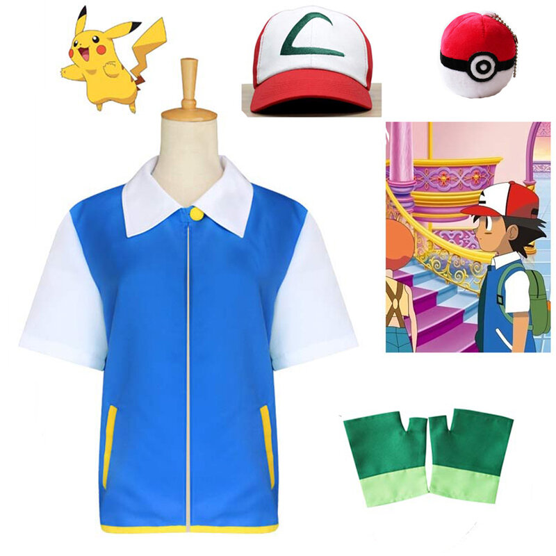 Disfraz de Ash Ketchum para niños y adultos, traje de Anime, chaqueta, guantes, sombrero y bola, regalo de Halloween, envío directo