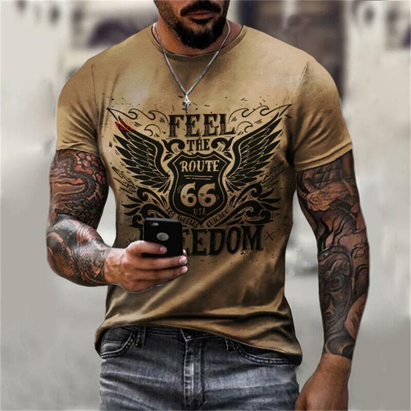 Summer Men's T Shirts Oversized Loose Clothes Vintage Short Sleeve Fashion America Route 66 Letters Printed O Collared T shirts
