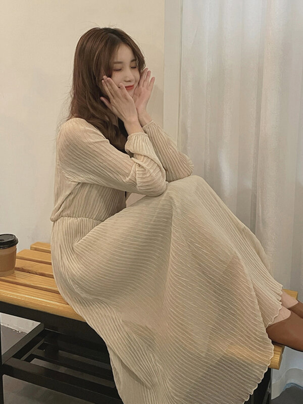 2022 New Fall Winter Women knitting Dress Korean V-neck Solid Long Sleeve High Waist Midi Pleated chiffon skirt A-line skirt