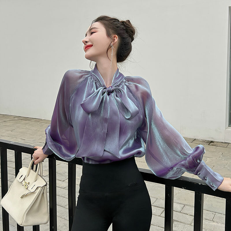 Wisher&Tong Women's Shirt Lantern Sleeves Mesh Top Bow-tie Fashion Elegant Blouse Temperament Ladies Tops Female Spring 2022