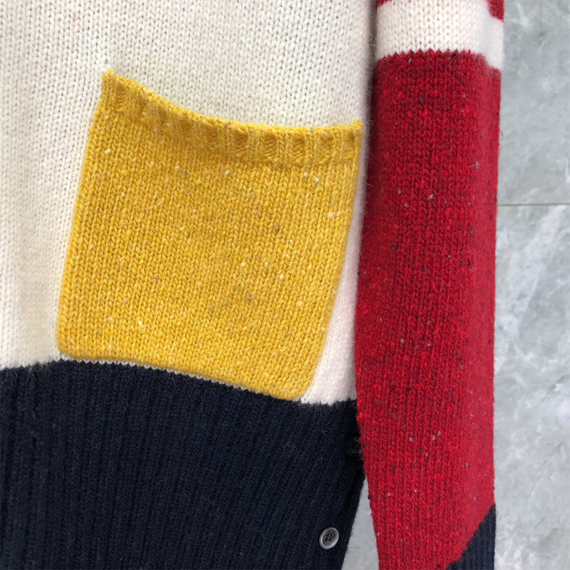TB THOM Patchwork Sweater Men‘s Fashion Brand Multicolor Spoted Wool  4-Bar Stripe Sweatercoat Autunm WinterV-Neck Cardigan Coat