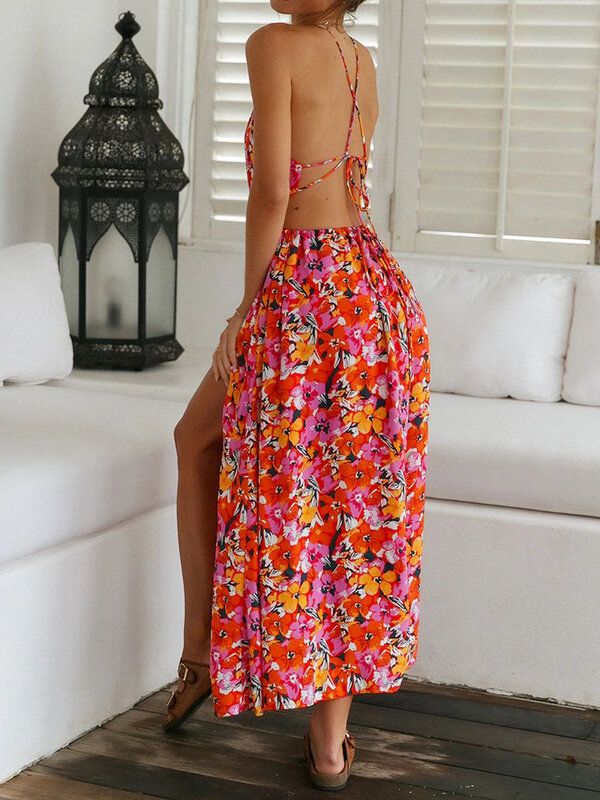 Gaun panjang Halter Neck wanita, gaun pantai musim panas dengan punggung terbuka, Gaun belahan satu sisi bertali motif bunga