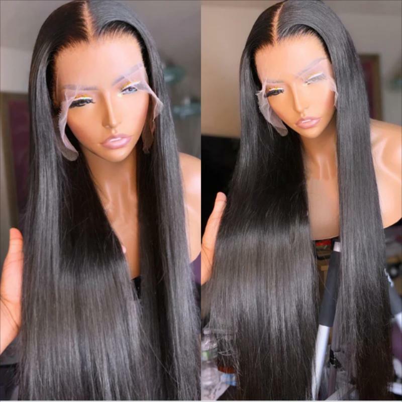 Perruque Lace Wig synthétique lisse noire, perruque Lace Wig longue pour femmes noires avec naissance des cheveux pre-plucked, perruques HD transparentes résistantes à la chaleur