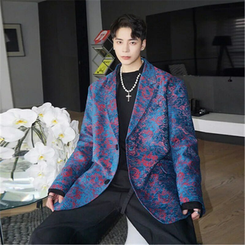 Homens blazer casaco vintage 3d ternos florais jaqueta único breasted solto casual outwear masculino estilo coreano juventude roupas homem outono