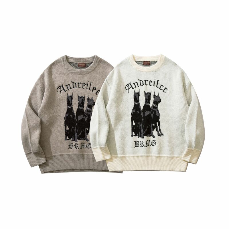 Men Vintage Sweater Y2K Streetwear Hip Hop Vintage Knitted Doberman Dog Sweaters Autumn Harajuku Retro Casual Sweaters