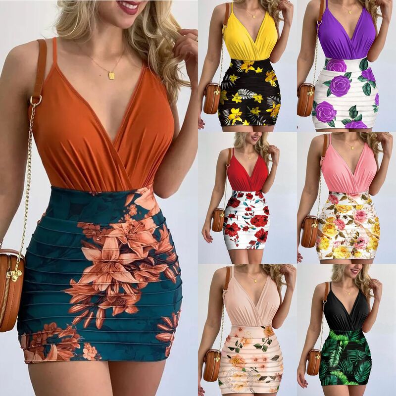 Rok Mini ramping seksi musim panas 2022 setelan Suspender Backless atasan rok motif bunga set pakaian klub untuk wanita