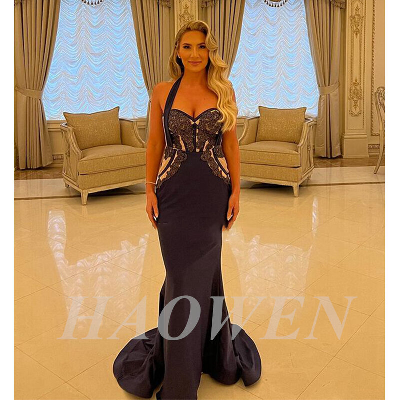 HAOWEN Modern Black Satin Mermaid Evening Dresses Sweetheart Sexy Sweep Train Long Prom Dress Africal Women Celebrity Party Gown