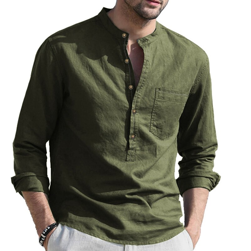 Camisa informal de algodón y lino para hombre, camisa de manga larga con cuello levantado, Color sólido, para vacaciones, primavera y otoño