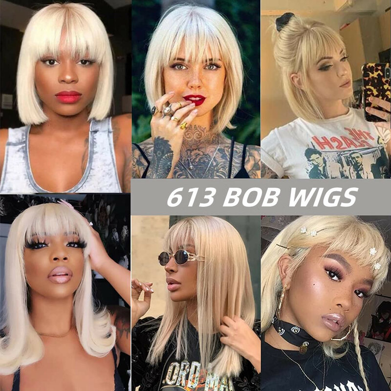 613 Blonde Short Straight Bob Wig With Bangs for Black Women Brazilian Remy Human Hair Full Machine Made Glueless Fringe