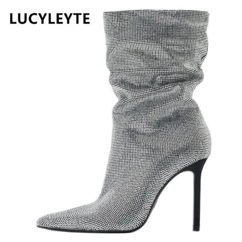 Women's Autumn and Winter New European and American Fashion Rhinestone Decoration Pointed High Heel Sleeve Party Boots Silver