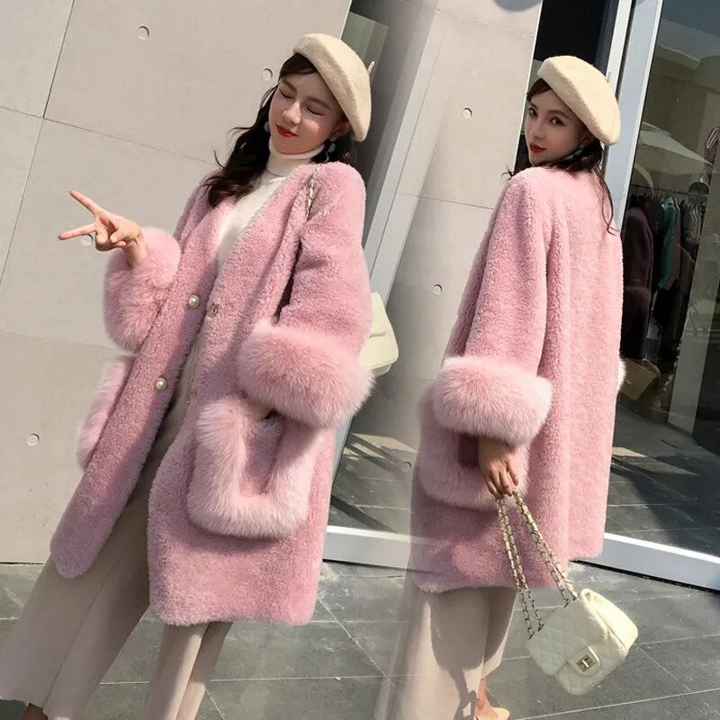 Женское зимнее пальто из искусственной овчины, длинное приталенное пальто розового цвета с лисьим мехом, утепленная верхняя одежда, 2022