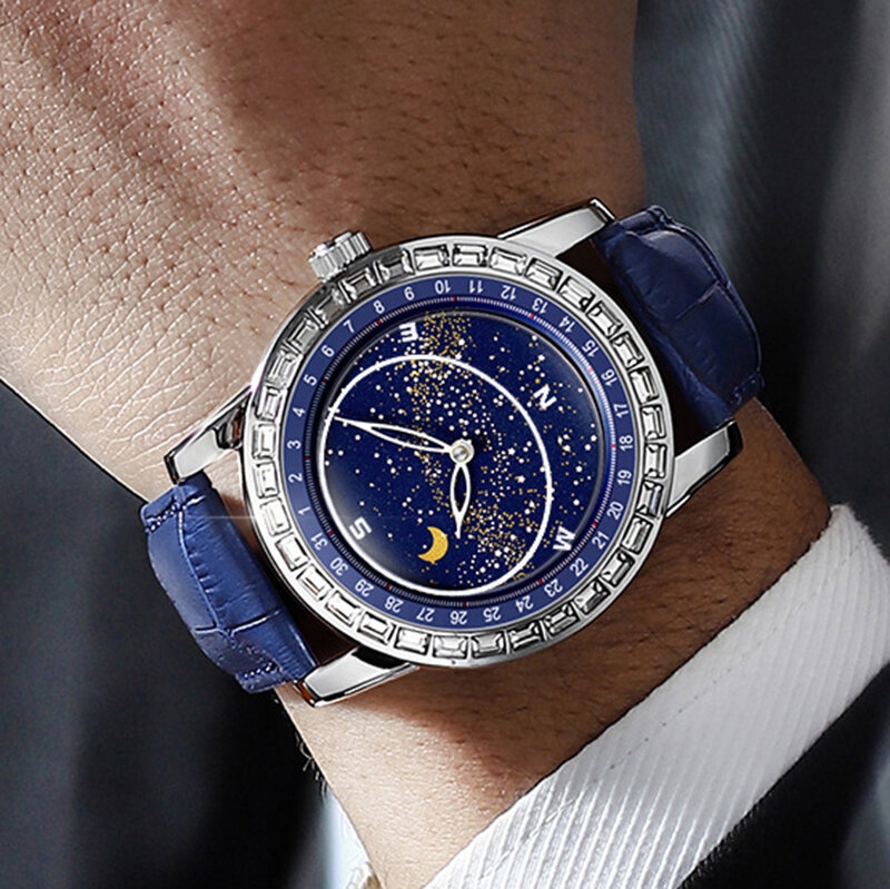Céu estrelado luminoso relógios masculinos 2023 criativo dial luxuoso relógio de quartzo relógios de pulso de aço inoxidável relogio
