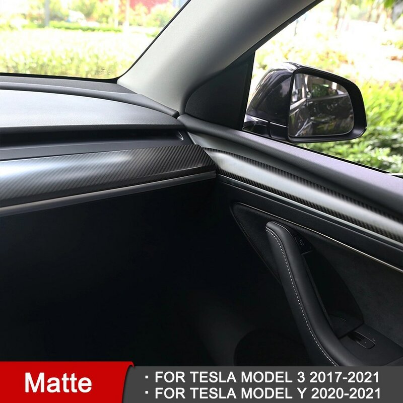 Penutup Lis Sisi Pintu untuk Model Tesla 3 Model Y 2021 2022 Aksesori Otomatis Dasbor Interior Depan Mobil ABS Serat Karbon Matte
