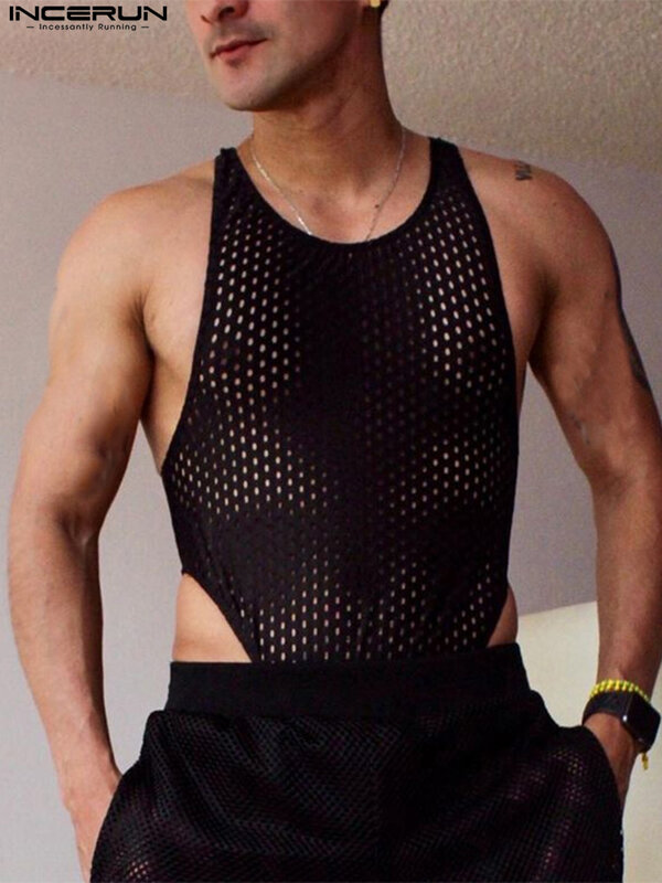 Men Bodysuits Solid Color O-neck Sleeveless Skinny Mesh See Through Rompers Pajamas Sexy Men Bodysuit Underwear S-5XL INCERUN