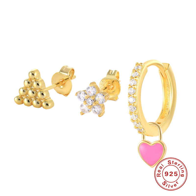 CANNER 3pcs/set Boho Rainbow Round Huggies Earrings Set for Women Girls Cute Enamel Heart Star Pendant Ear Studs Fine Jewelry
