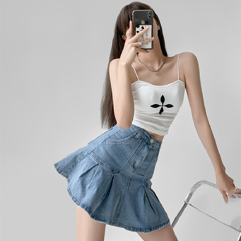 Vrouwen Half Lichaam Rok Blauw Denim Ruche Geplooide Hoge Taille Vintage Casual Koreaanse Mode Baggy Korte Rok Dames Zomer