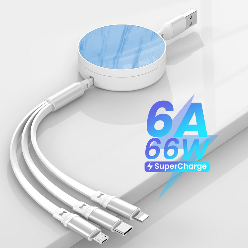 Kabel Data Pengisi Daya USB 3 IN 1 6A/66W Dapat Ditarik untuk iPhone 13 12 14 Pro Kabel Pengisi Daya Cepat untuk Samsung Xiaomi Kabel USB Tipe C