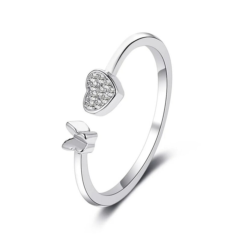 Korean Kristall Ring Süße Wilde Herz Schmetterling Ring Silber Überzogene Farbe Schmuck Mädchen Index Finger Ringe Für Frauen CF2720