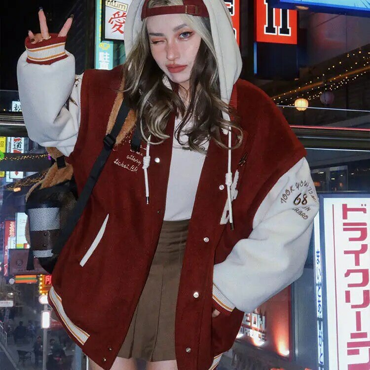 สี Vintage เย็บปักถักร้อยที่ถอดออกได้เสื้อผู้หญิงหลวม Harajuku Street Bomber แจ็คเก็ตคู่ Street Hooded Jacket