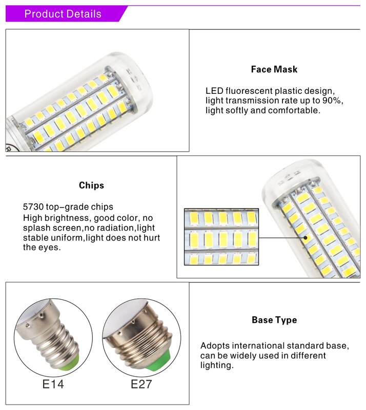 슈퍼 밝은 일광 LED 전구 6 개, E27 LED 옥수수 빛 220V LED 램프 따뜻한 화이트 콜드 화이트 E14 베이스 실내 가정 거실