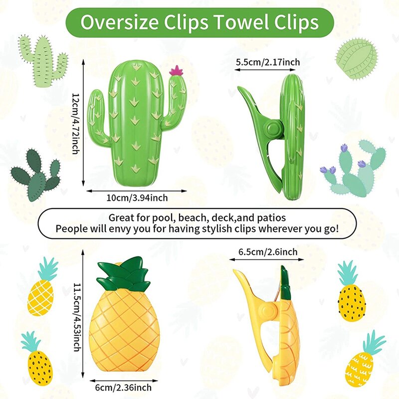 4 Pcs Beach Towel Clips Plastic Large Beach Towels Clips For Beach Clothes Lines Pineapple Cactus Decorative Travel Clip