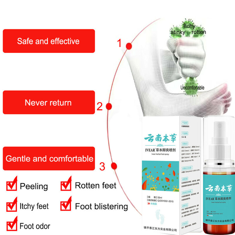 Spray liquide pour les pieds des athlètes à base de plantes, déodorant, antibactérien, démangeaisons bactériostatiques, poudre d'odeur des pieds, Spray liquide 55ML