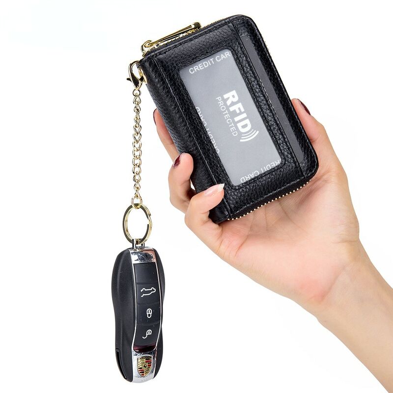 Business Card Holder Wallet Genuine Leather Zipper Pocket Unisex Multi-function Anti-Theft Scan Hanging Key Soft Wear-resistant