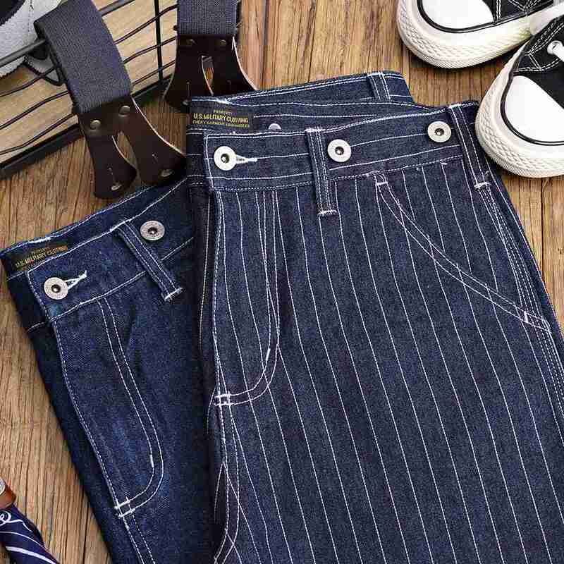 Spodenki jeansowe w stylu Vintage dla mężczyzn prosto w połowie talii kombinezony kolejowe w paski letnia odzież męska na co dzień