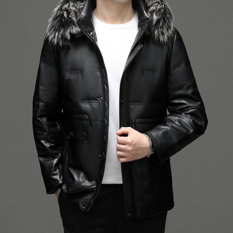 Mantel Jaket Musim Dingin Pria Kulit PU Turun Garis Bulu Dilepas Berkerudung Tahan Angin Rekreasi Mantel Pria Hangat