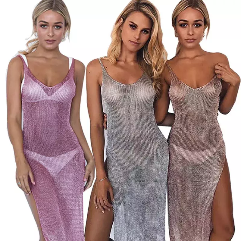 Sexy Sheer Net Mesh Knitted Glitter Female Women Robe  Tunic Beach Cover Up Cover-ups Long Beach Dress Beach Wear Beachwear