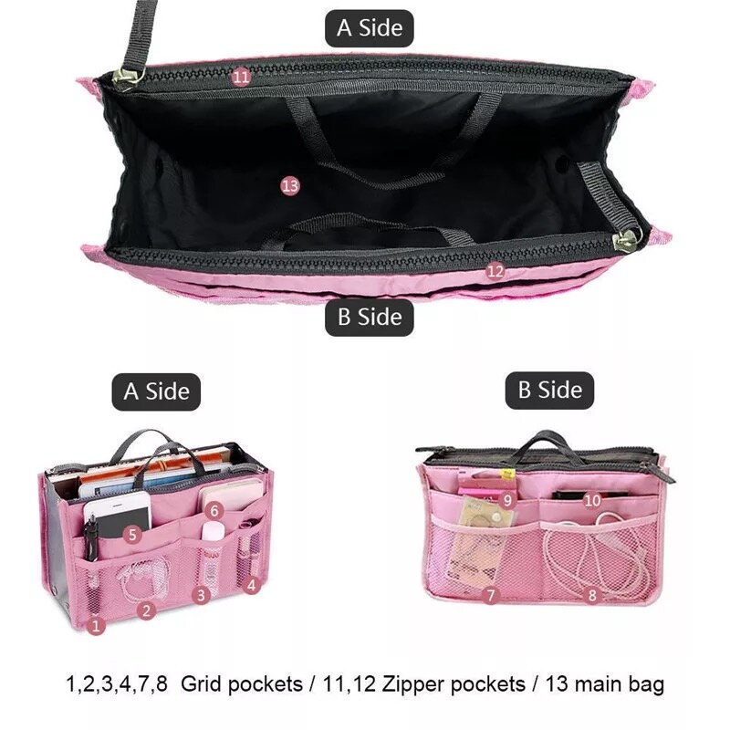 Multifunction Tote Cosmetic Bag, Nylon Organizer Insert Bag, Women Insert Beauty Bag, Travel Makeup Bags, Double Zipper Neceser