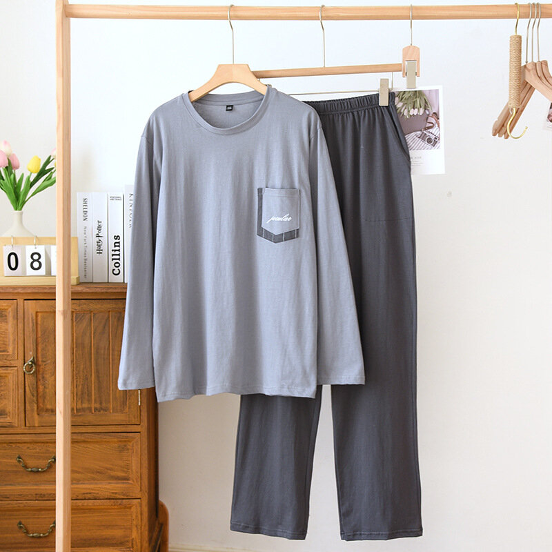 Пижамный комплект мужской с длинным рукавом, тонкая Трикотажная хлопковая домашняя одежда для мальчиков-подростков, пижама для отдыха, тонкая Пижама с круглым вырезом, весна-осень