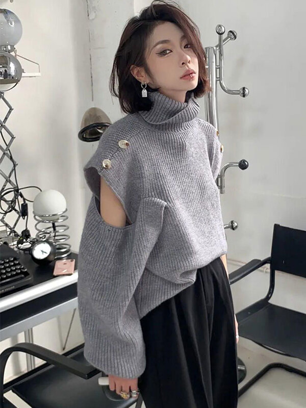 Galcaur sólido retalhos camisola para mulher gola alta lanterna manga tricô blusas femininas outono roupas moda casual 2022