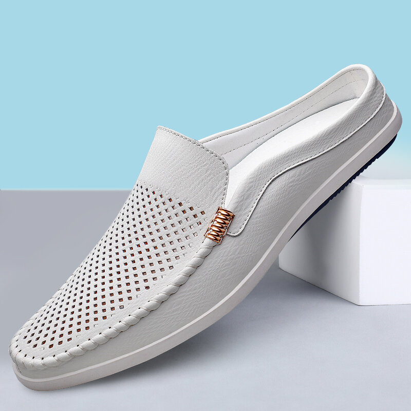 حذاء نصف صيفي للرجال 2023 حذاء غير رسمي من الجلد للقيادة بدون ظهر حذاء بدون كعب للرجال خف من البغال صندل مسطح سهل اللبس