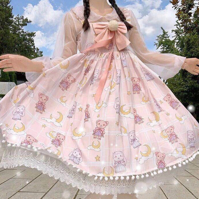 Vestido japonés de Lolita Jsk para mujer, Vestidos de fiesta de té con lazo de oso lindo, Harajuku, Kawaii, Chic, Verano