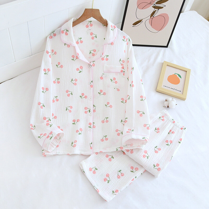 New Japanese Crepe Pajamas Women's Long-sleeved Thin Section Washed Cotton Yarn Girl Cute Print Homewear Suit Ladies Sleepwear