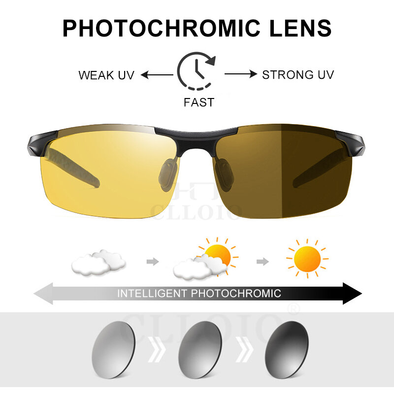 CLLOIO Top Anti-Glare Day Night Vision Glasses Men Driving Polarized Sunglasses Aluminum Rimless Photochromic Riding Goggles UV