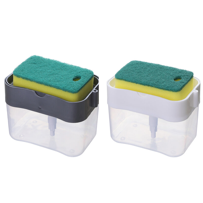 Dispensador de detergente portátil para cozinha lavagem de louça em dois sentidos kit caixa com esponja titular mão pressão líquido dispensação ferramenta