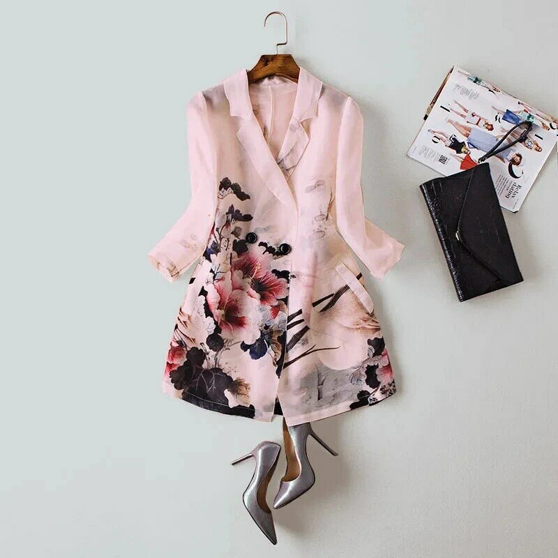 Vintage Printed Pink Women Blazers Summer New Design 2022 Long Pocket Half-Sleeved Elegant Office Lady thin Outwear Coats Tops