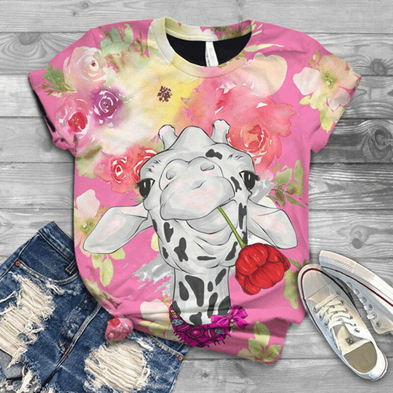 4 #2022 mulheres dos desenhos animados harajuku t camisa topos vaca animal impressão 3d animal topo o-pescoço manga curta camisa de algodão