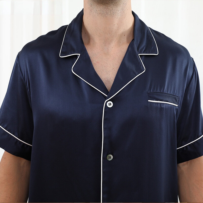 19匁夏桑シルク男性二枚のシルクのパジャマ半袖ショートパンツ無地100% 純粋な絹のパジャマセット男