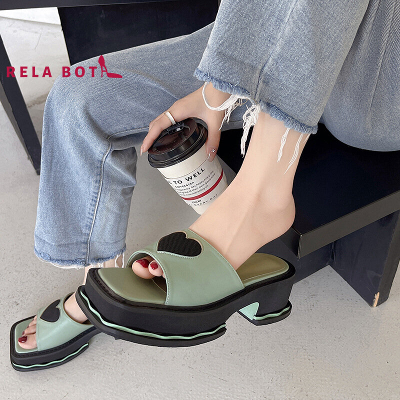 Zapatillas con suela gruesa y Cabeza Cuadrada para mujer, zapatos informales a la moda, chanclas de costura de PU con plataforma, novedad de 2022