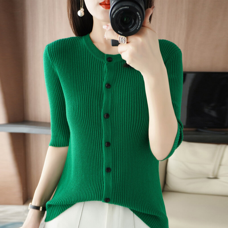 2022 Summer New Knitted Cardigan Women's Round Neck Short-Sleeved Thin Section With Solid Color Simple Temperament Jacket Trendy