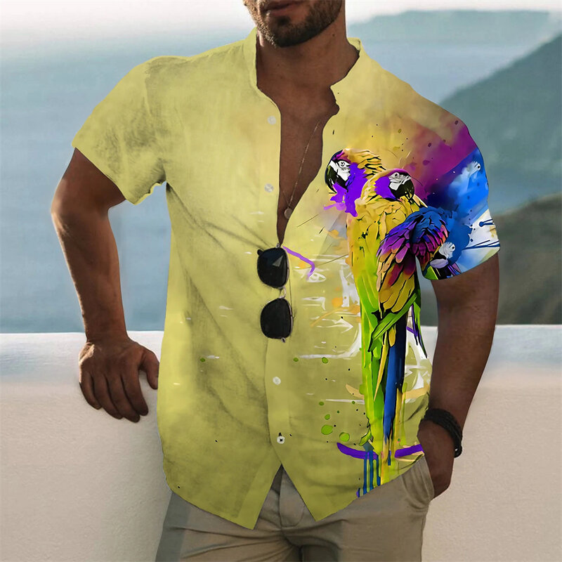 Impressão de papagaio 3d camisa social dos homens hawaiian praia férias manga curta lapela oversized topos roupas masculinas casual masculina