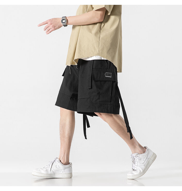 Celana Pendek Kargo Harajuku Fungsional Techwear Musim Panas Celana Kasual Lurus Longgar Streetwear Korea Pakaian Pria Hitam Hip Hop