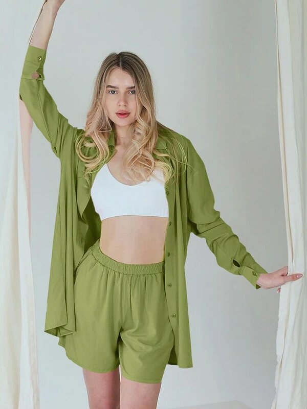 Hiloc Green Full Sleeves Sleepwear Lapel Loose Loungewear Women Set High Waist Single-Breasted Women's Home Clothes 2023 New