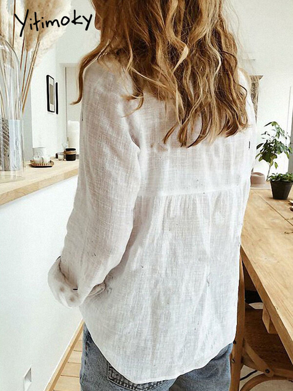 Botão para cima camisa feminina de linho de algodão vintage flor impressão lapela manga longa blusa topos casual branco oversized superior blusas de mujer