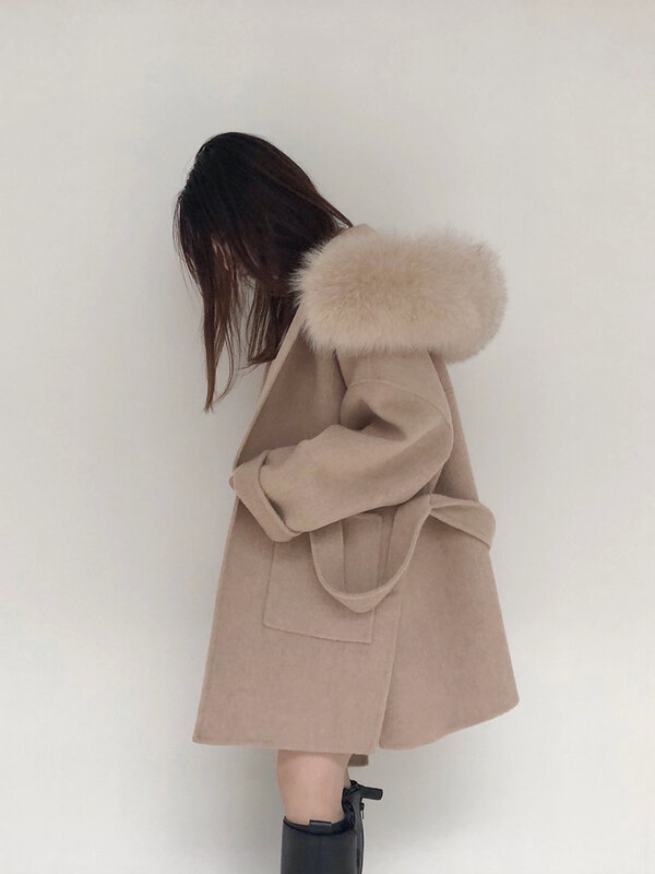 2022 casaco de lã feminino pied de poule natural gola de pele de raposa cashmere lã misturas longo outerwear senhoras streetwear